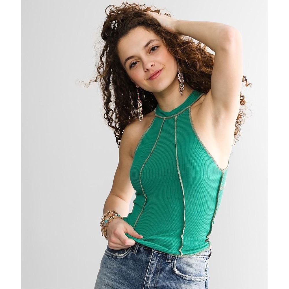 Gilded Intent High Neck Open Back Green Ribbed Tank Top‎ Women's Small
